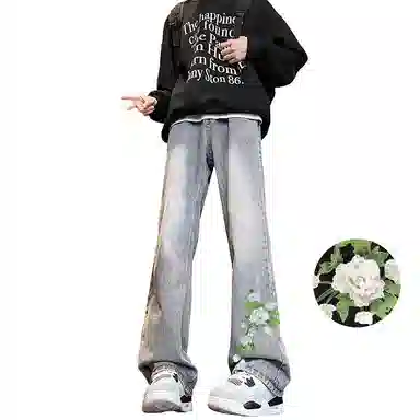 【万针刺绣立体花卉】布客行 重工美式复古水洗直筒基础款高街舒适亲肤透气休闲百搭微喇纯色长裤显高显瘦显腿长弹力牛仔裤 男女同款