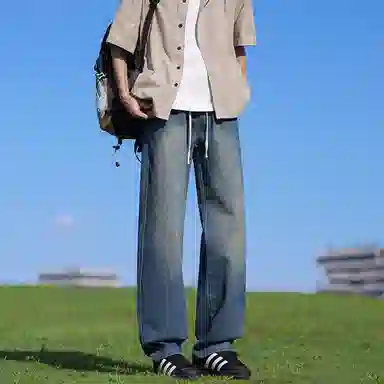 【拼色连帽开衫牛仔裤一套】布客行 撞色拉链高街休闲风大码宽松落肩保暖运动外套抽绳松紧腰水洗做旧港风简约百搭长裤卫衣套装 男女同款