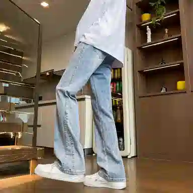 布客行 弹力微喇水洗美式复古港风简约纯色宽松高街垂感休闲百搭长裤子牛仔裤 男女同款