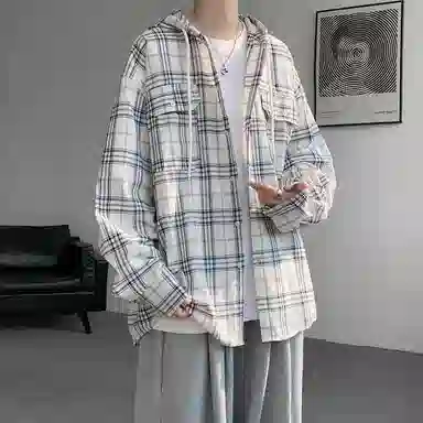 布客行 免搭配一套港风连帽开衫条纹格子高街休闲宽松衬衣外套美式复古直筒抽绳松紧腰微喇基础款柔软牛仔裤衬衫套装 男女同款