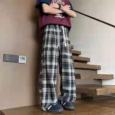 【抽绳格子回潮可穿230斤】布客行 美式复古港风嘻哈高街运动时尚百搭日常出街垂感慵懒宽松舒适华棉直筒青少年长裤休闲裤 男女同款