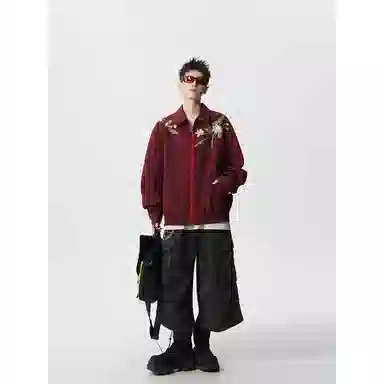 【万针刺绣立体花卉两面穿夹克牛仔裤一套】布客行 翻领拉链美式潮牌长袖外套抽绳港风宽松阔腿水洗做旧长裤休闲运动套装 男女同款