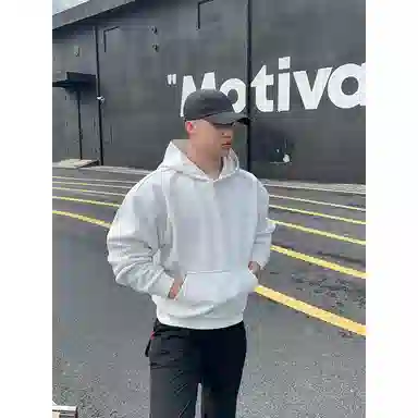 【港风大码重磅华棉外套牛仔裤一套】布客行 纯色宽松连帽长袖简约百搭亲肤舒适外穿抽绳水洗做旧复古感阔腿休闲长裤卫衣套装 男女同款