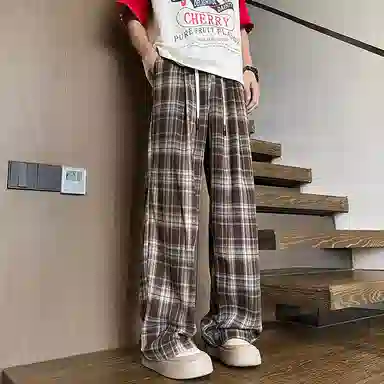 【抽绳格子回潮可穿230斤】布客行 美式复古港风嘻哈高街运动时尚百搭日常出街垂感慵懒宽松舒适华棉直筒青少年长裤休闲裤 男女同款