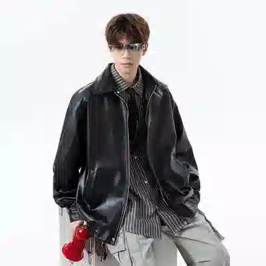 【复古美式PU皮衣】布客行 飞行员教练服美拉德港风机能高街休闲轻奢老钱风高级痞帅翻领落肩袖韩版工装百搭防风防泼水夹克 男女同款