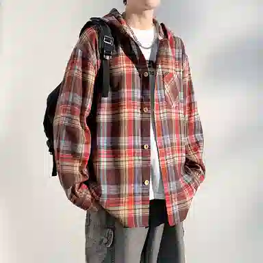 【免搭配一套】布客行 连帽开衫格子学院风高街单排扣休闲宽松衬衣外套美式复古直筒抽绳松紧腰微喇基础款柔软牛仔裤衬衫套装 男女同款