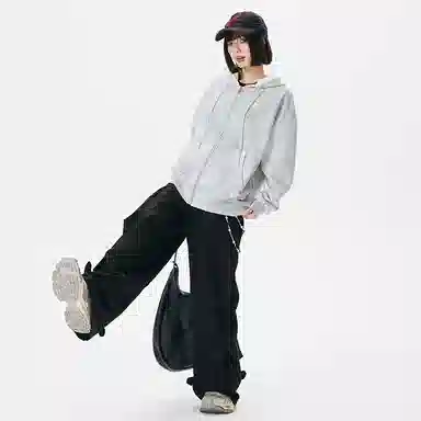 【满印扎染回潮】布客行 美式高街港式复古重磅设计感学院风连帽细带落肩口袋拉链青少年开衫宽松休闲舒适百搭华棉长袖外套卫衣 男女同款