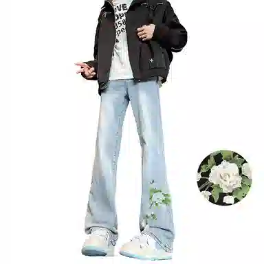 【万针刺绣立体花卉】布客行 重工美式复古水洗直筒基础款高街舒适亲肤透气休闲百搭微喇纯色长裤显高显瘦显腿长弹力牛仔裤 男女同款