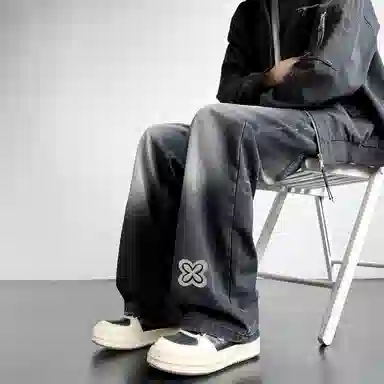 【闪电纹渐变直筒裤】布客行 高街阔腿美式复古水洗做旧宽松弯刀松紧腰拉链休闲百搭显高显瘦学院风柔软微弹舒适经典牛仔裤 男女同款