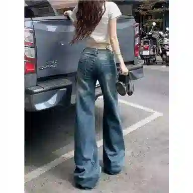 布客行 美式拼接斜切水波纹理直筒阔腿显高显瘦复古蓝宽松舒适休闲百搭蓝色拖地垂感弯刀微喇长裤子水洗做旧高街柔软舒适牛仔裤 男女同款