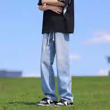 【拼色连帽开衫牛仔裤一套】布客行 撞色拉链高街休闲风大码宽松落肩保暖运动外套抽绳松紧腰水洗做旧港风简约百搭长裤卫衣套装 男女同款