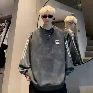 【满天星扎染满印拼接条纹】布客行 早秋开学穿搭可拆卸胸针潮牌复古美式高街国潮港风圆领落肩袖宽松舒适休闲多元素融合卫衣 男女同款