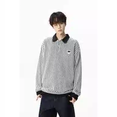 【明线撞色条纹早秋长袖】布客行 可拆卸别针美式复古高街轻奢老钱港风重磅慵懒垂感翻领落肩拼接宽松休闲舒适内搭外穿华棉卫衣 男女同款