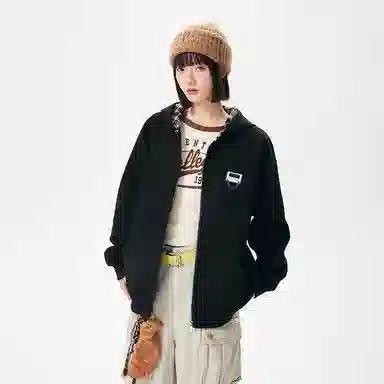 【回潮格纹】布客行 复古港风美式高街可拆卸胸针设计学院连帽落肩口袋拉链青少年开衫宽松休闲舒适百搭华棉长袖外套卫衣 男女同款