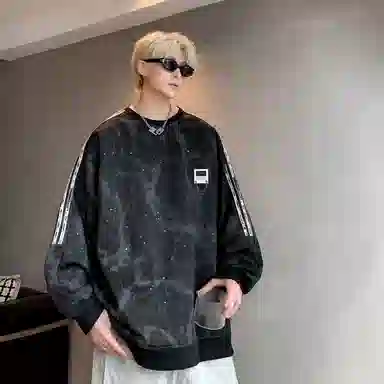 【满天星扎染满印拼接条纹】布客行 早秋开学穿搭可拆卸胸针潮牌复古美式高街国潮港风圆领落肩袖宽松舒适休闲多元素融合卫衣 男女同款