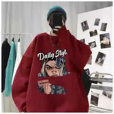 布客行 免搭配一套美式复古卡通字母印花重磅套头落肩袖上衣百搭水洗黑色显高显瘦弯刀微喇巴黎柳叶直筒牛仔长裤子休闲卫衣套装 男女同款