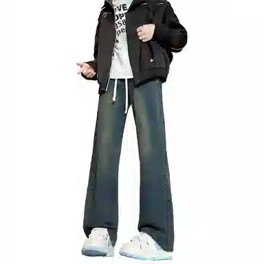 【巴黎柳叶弯刀裤】布客行 美式复古水洗直筒基础款高街舒适亲肤透气休闲百搭微喇纯色长裤显高显瘦显腿长弹力抽绳松紧腰牛仔裤 男女同款