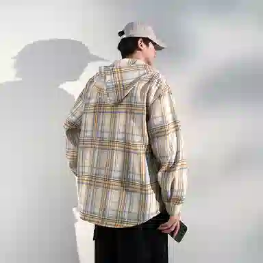 【免搭配一套】布客行 连帽开衫格子学院风高街单排扣休闲宽松衬衣外套美式复古直筒抽绳松紧腰微喇基础款柔软牛仔裤衬衫套装 男女同款