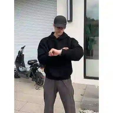 【港风大码重磅华棉外套牛仔裤一套】布客行 纯色宽松连帽长袖简约百搭亲肤舒适外穿抽绳水洗做旧复古感阔腿休闲长裤卫衣套装 男女同款