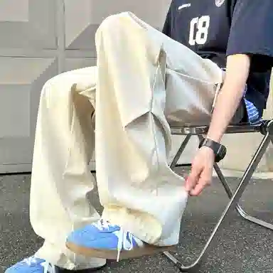 【显高显瘦伞兵裤】布客行 港风纯色褶皱设计感抽绳系带松紧腰长裤子学院风宽松大码直筒阔腿美式复古高街百搭柔软显腿长休闲裤 男女同款