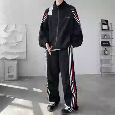 【美式高街三条杠免搭配一套】布客行 明线条纹拼接撞色复古港风舒适百搭日常户外防风防泼水开衫外套长裤子垂感休闲运动套装 男女同款