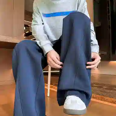 【明线拼接设计大码垂感卫裤】布客行  美式复古高街港风简约纯色基础款宽松直筒弯刀松紧系带显瘦保暖通勤百搭长裤阔腿休闲裤 男女同款