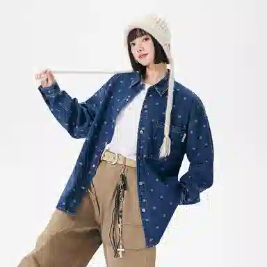 【满印提花牛仔】布客行 美式高街港式复古新中式轻奢国潮老钱风拼接华棉开衫一排扣翻领落肩口袋休闲舒适百搭长袖夹克牛仔外套 男女同款