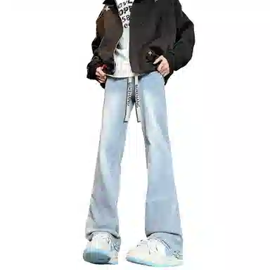 【防泼水外套裤子一套】布客行 三条杆条纹螺纹立领美式复古高街上衣夹克直筒水洗做旧微喇基础款松紧腰抽绳牛仔裤休闲运动套装 男女同款