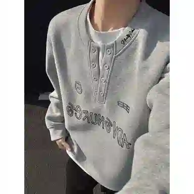 【重磅假两件】布客行 美式复古高街亨利领拼接潮流徽章字母可拆卸别针休闲运动舒适百搭学院嘻哈雅痞亲肤华棉早秋长袖卫衣 男女同款