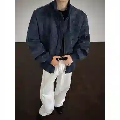 【雾面扎染设计夹克外套牛仔裤一套】布客行 防风保暖美式立领长袖宽松高街痞帅抽绳松紧水洗做旧显瘦阔腿通勤长裤休闲运动套装 男女同款