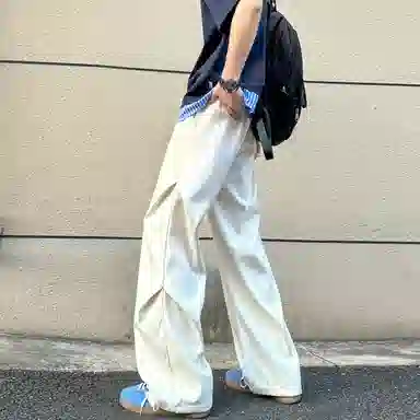 【显高显瘦伞兵裤】布客行 港风纯色褶皱设计感抽绳系带松紧腰长裤子学院风宽松大码直筒阔腿美式复古高街百搭柔软显腿长休闲裤 男女同款