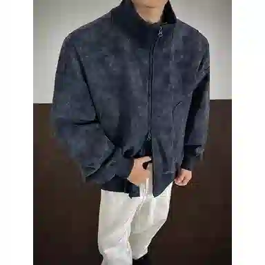 【雾面扎染设计夹克外套牛仔裤一套】布客行 防风保暖美式立领长袖宽松高街痞帅抽绳松紧水洗做旧显瘦阔腿通勤长裤休闲运动套装 男女同款