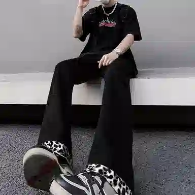 【暗黑系绒感豹纹拼接】布客行 微喇版型潮牌美式复古水洗直筒基础款黑白豹透气高街舒适亲肤百搭长裤显腿长显高显瘦休闲牛仔裤 男女同款