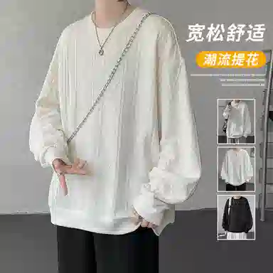 【提花压印大码200斤可穿】布客行 重磅慵懒风美式复古纯色圆领套头落肩长袖上衣港风宽松休闲百搭别针可拆卸刺绣胸标春秋卫衣 男女同款