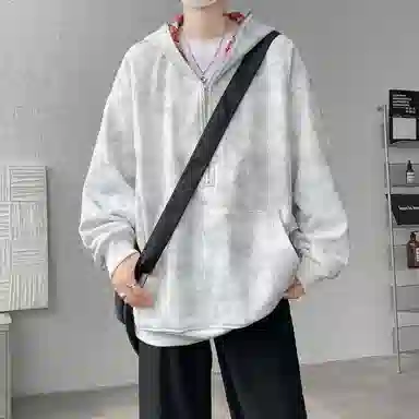 【重磅扎染脏脏衣裤子一套】布客行 美式潮牌连帽拼色拉链半开领大码长袖外套抽阔腿渐变色百搭牛仔长裤卫衣套装 男女同款