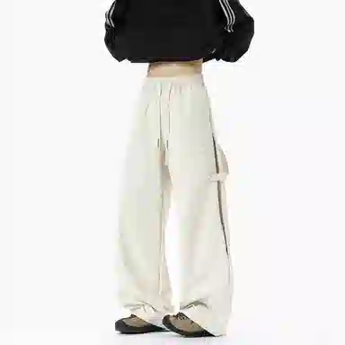 【抽绳松紧腰】布客行 拼接绑带复古高街潮牌弯刀阔腿工装直筒裤纯色百搭系带垂感长裤子宽松舒适高级慵懒长休闲裤 男女同款