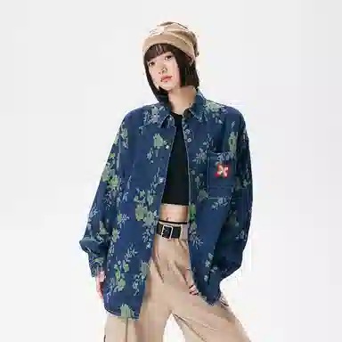 【满印提花牛仔】布客行 美式高街港式复古新中式轻奢国潮老钱风拼接华棉开衫一排扣翻领落肩口袋休闲舒适百搭长袖夹克牛仔外套 男女同款