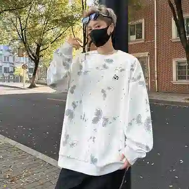 【蝴蝶满印】布客行 圆领长袖卡通美式复古简约大码宽松外套高街舒适柔软亲肤通用可外穿学院风卫衣 男女同款
