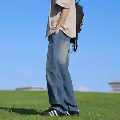 【拼色连帽开衫牛仔裤一套】布客行 撞色拉链高街休闲风大码宽松落肩保暖运动外套抽绳松紧腰水洗做旧港风简约百搭长裤卫衣套装 男女同款