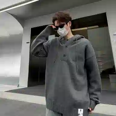 布客行 【复古套头连帽毛线衣】美式老钱风宽松休闲纯色设计无性别主义舒适软糯纽扣装饰潮流百搭慵懒感长袖针织衫 男女同款