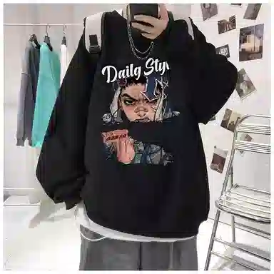 布客行 免搭配一套美式复古卡通字母印花重磅套头落肩袖上衣百搭水洗黑色显高显瘦弯刀微喇巴黎柳叶直筒牛仔长裤子休闲卫衣套装 男女同款