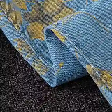 布客行 美式复古水洗植物花卉满印提花高街亲肤透气休闲百搭微喇显高显瘦显腿长裤弹力基础款阔腿巴黎柳叶弯刀直筒无性别牛仔裤 男女同款