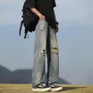 【破洞直筒显瘦】布客行 美式潮牌废土风手工磨破水洗做旧亲肤舒适宽松大码阔腿显高港风高街痞帅长裤子牛仔裤 男女同款