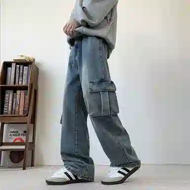 布客行 免搭配一套港风连帽开衫条纹格子高街休闲宽松衬衣外套美式复古直筒抽绳松紧腰微喇基础款柔软牛仔裤衬衫套装 男女同款