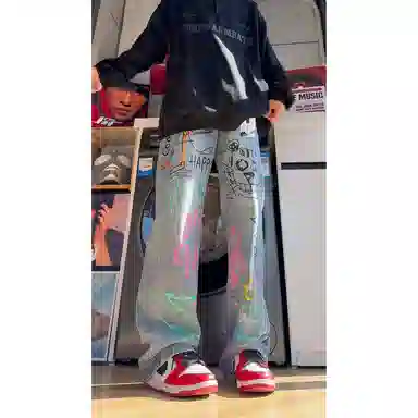 【趣味涂鸦蓝牛】布客行 美式高街潮牌复古港风微喇弯刀垂感慵懒直筒水洗做旧渐变拼接休闲舒适百搭学生四季可穿长裤子牛仔裤 男女同款