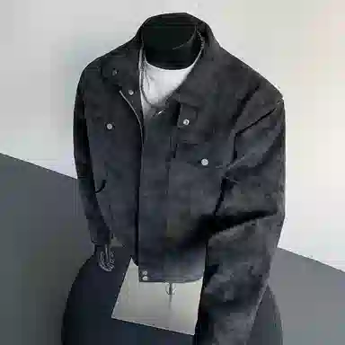 【绒感雾花皮外套裤子一套】布客行 机车风高街扎染色美式复古上衣夹克直筒水洗做旧微喇基础款松紧腰抽绳牛仔裤休闲运动套装 男女同款