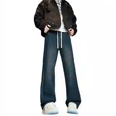 【巴黎柳叶弯刀裤】布客行 美式复古水洗直筒基础款高街舒适亲肤透气休闲百搭微喇纯色长裤显高显瘦显腿长弹力抽绳松紧腰牛仔裤 男女同款