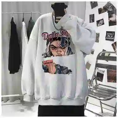 布客行 免搭配一套美式复古卡通字母印花重磅套头落肩袖上衣百搭水洗黑色显高显瘦弯刀微喇巴黎柳叶直筒牛仔长裤子休闲卫衣套装 男女同款