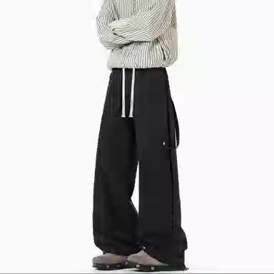【抽绳松紧腰】布客行 拼接绑带复古高街潮牌弯刀阔腿工装直筒裤纯色百搭系带垂感长裤子宽松舒适高级慵懒长休闲裤 男女同款