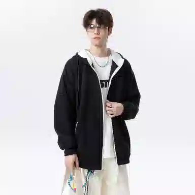 【拼色连帽开衫牛仔裤一套】布客行 撞色拉链高街休闲风大码宽松落肩保暖运动外套抽绳松紧腰水洗做旧港风简约百搭长裤卫衣套装 男女同款